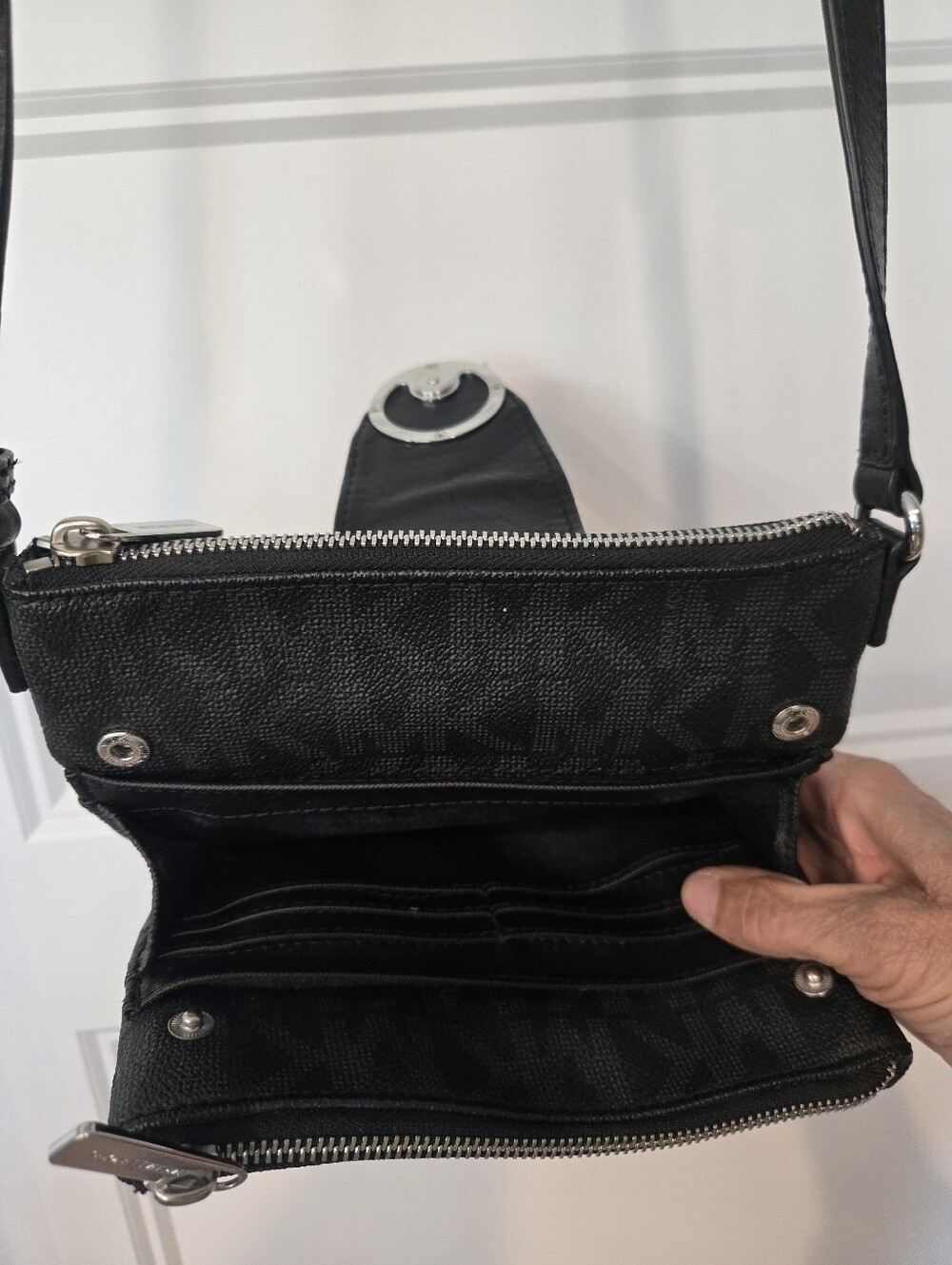 Michael Kors Black and Gunmetal Signature MK Crossbody Bag - Picture 6 of 7